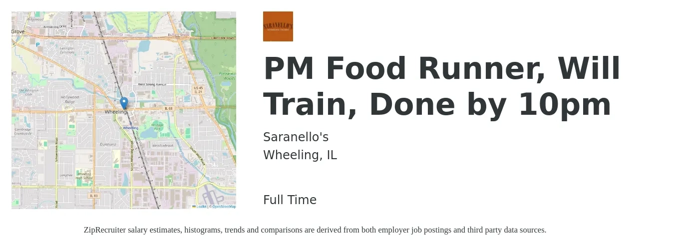 Saranello's job posting for a PM Food Runner, Will Train, Done by 10pm in Wheeling, IL with a salary of $12 to $17 Hourly with a map of Wheeling location.