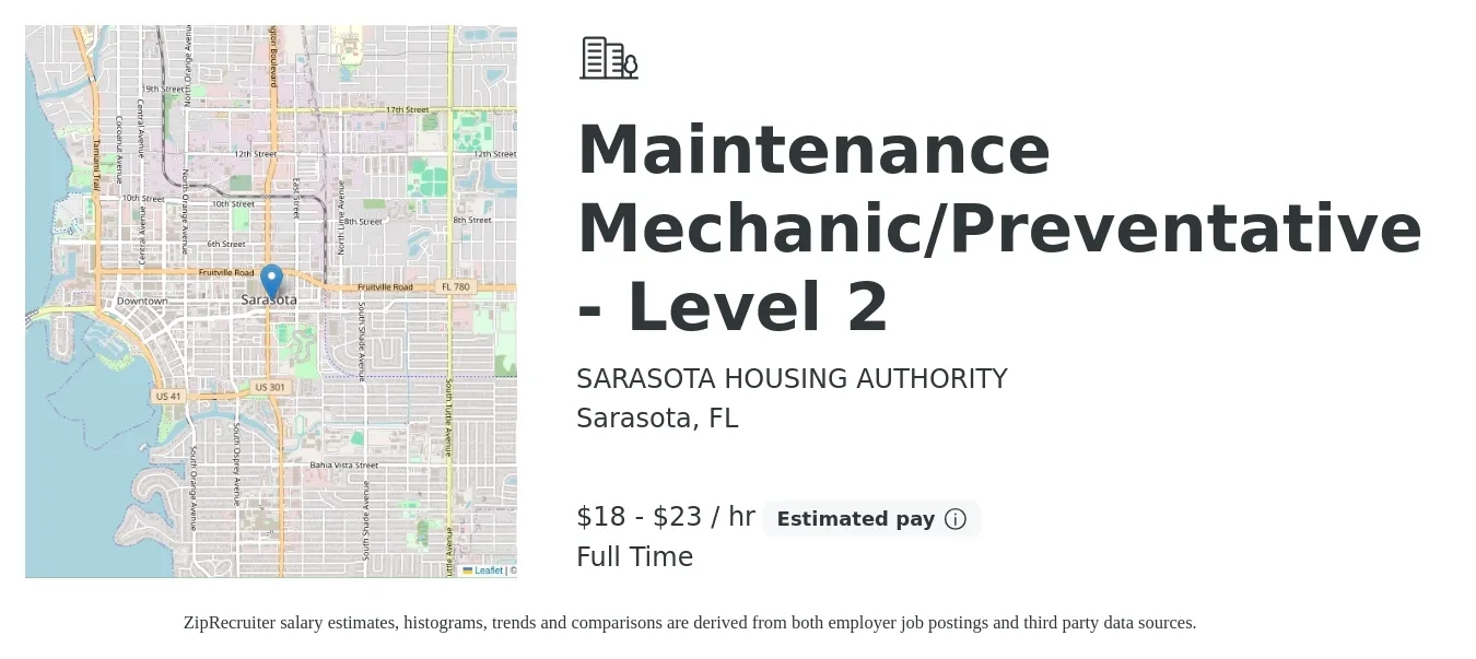 SARASOTA HOUSING AUTHORITY job posting for a Maintenance Mechanic/Preventative - Level 2 in Sarasota, FL with a salary of $19 to $24 Hourly with a map of Sarasota location.