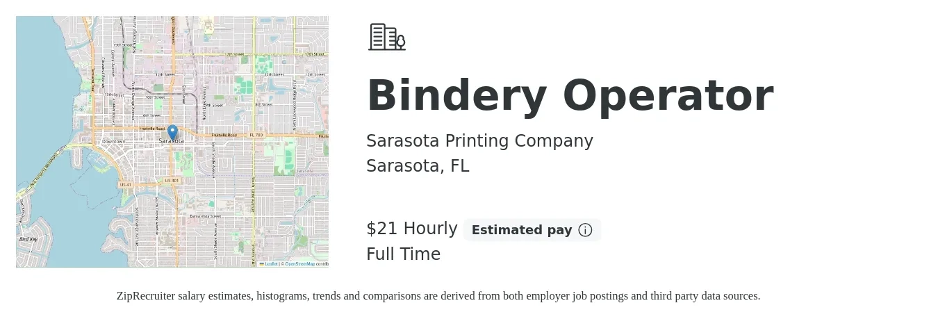Sarasota Printing Company job posting for a Bindery Operator in Sarasota, FL with a salary of $22 Hourly with a map of Sarasota location.