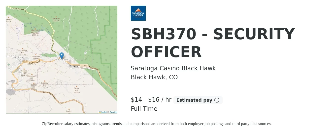 Saratoga Casino Black Hawk job posting for a SECURITY OFFICER in Black Hawk, CO with a salary of $15 to $17 Hourly with a map of Black Hawk location.