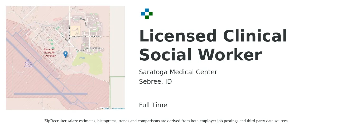 Saratoga Medical Center job posting for a Licensed Clinical Social Worker in Sebree, ID with a salary of $63,500 to $98,800 Yearly with a map of Sebree location.