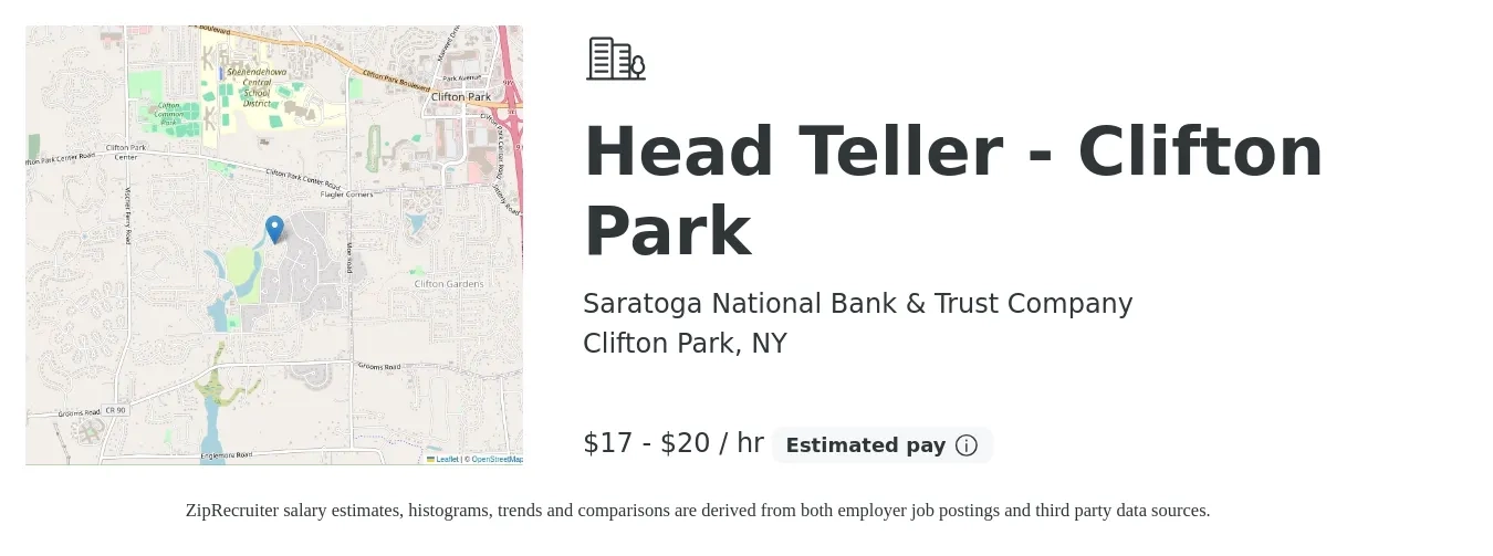 Saratoga National Bank & Trust Company job posting for a Head Teller - Clifton Park in Clifton Park, NY with a salary of $18 to $21 Hourly with a map of Clifton Park location.