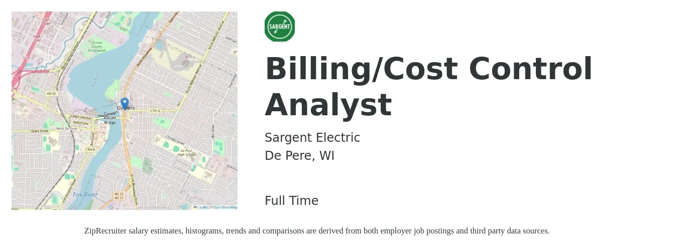 Sargent Electric job posting for a Billing/Cost Control Analyst in De Pere, WI with a salary of $46,300 to $61,700 Yearly with a map of De Pere location.