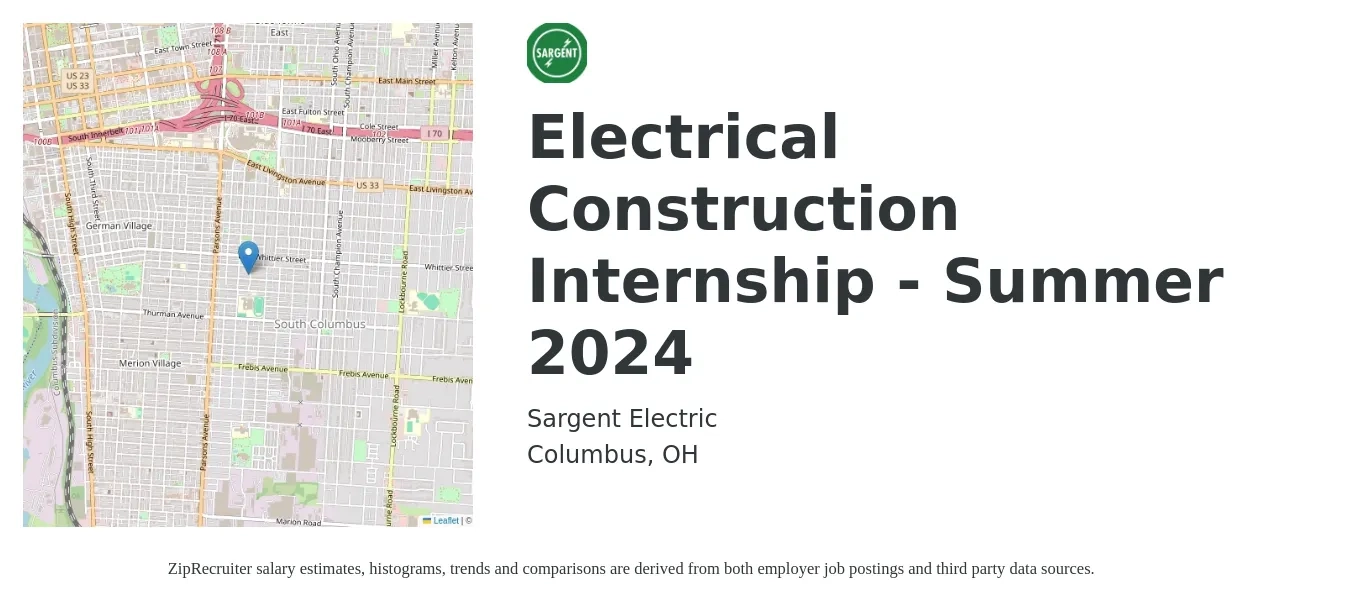 Sargent Electric job posting for a Electrical Construction Internship - Summer 2024 in Columbus, OH with a salary of $18 to $24 Hourly with a map of Columbus location.