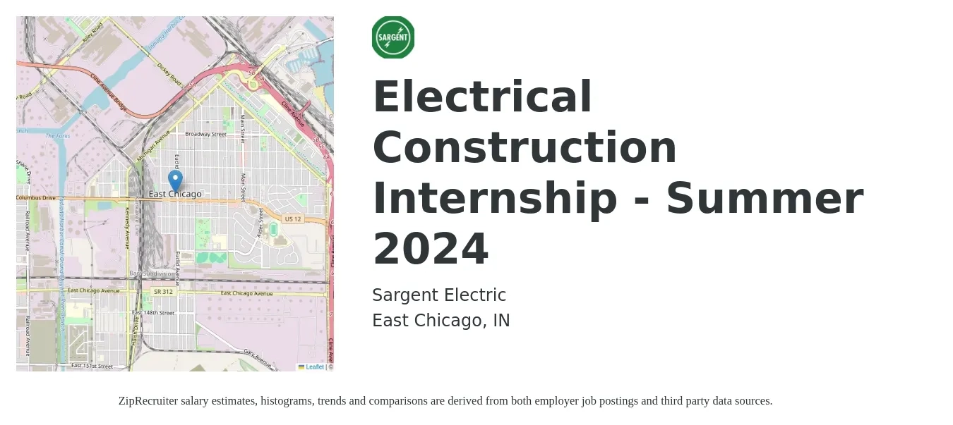Sargent Electric job posting for a Electrical Construction Internship - Summer 2024 in East Chicago, IN with a salary of $18 to $24 Hourly with a map of East Chicago location.