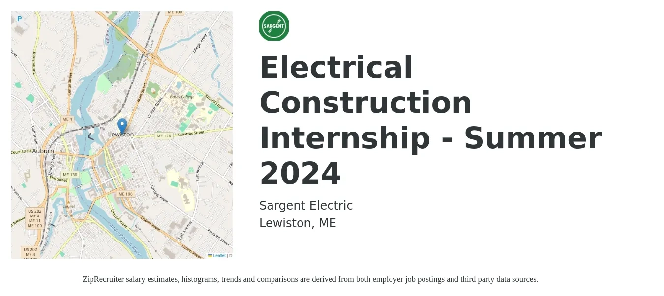 Sargent Electric job posting for a Electrical Construction Internship - Summer 2024 in Lewiston, ME with a salary of $20 to $26 Hourly with a map of Lewiston location.