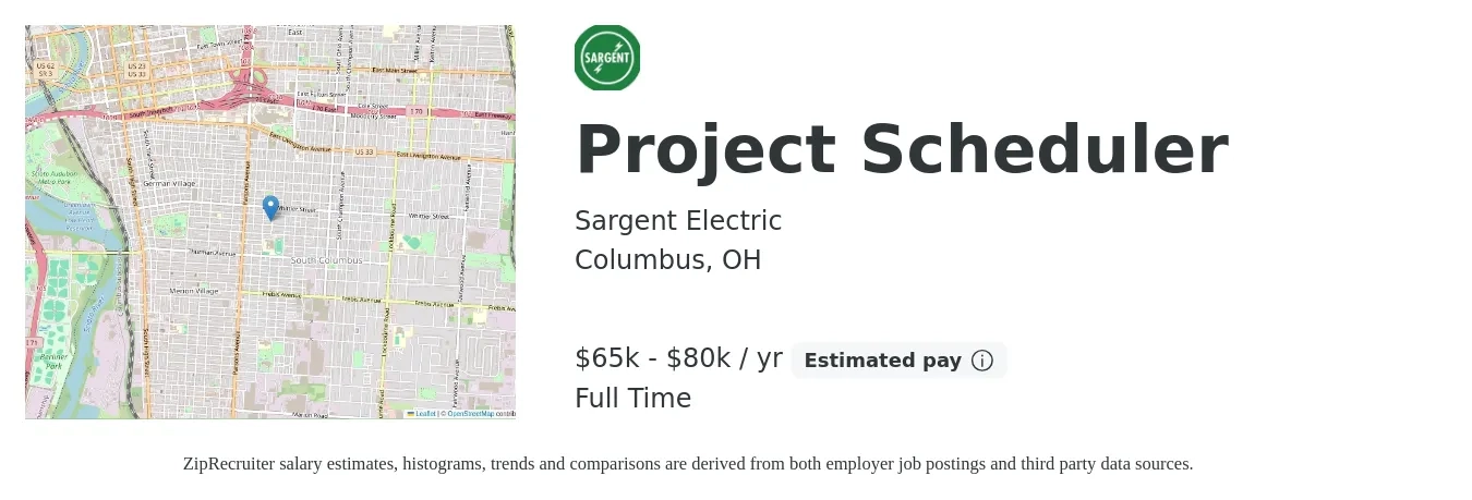 Sargent Electric job posting for a Project Scheduler in Columbus, OH with a salary of $65,000 to $80,000 Yearly with a map of Columbus location.