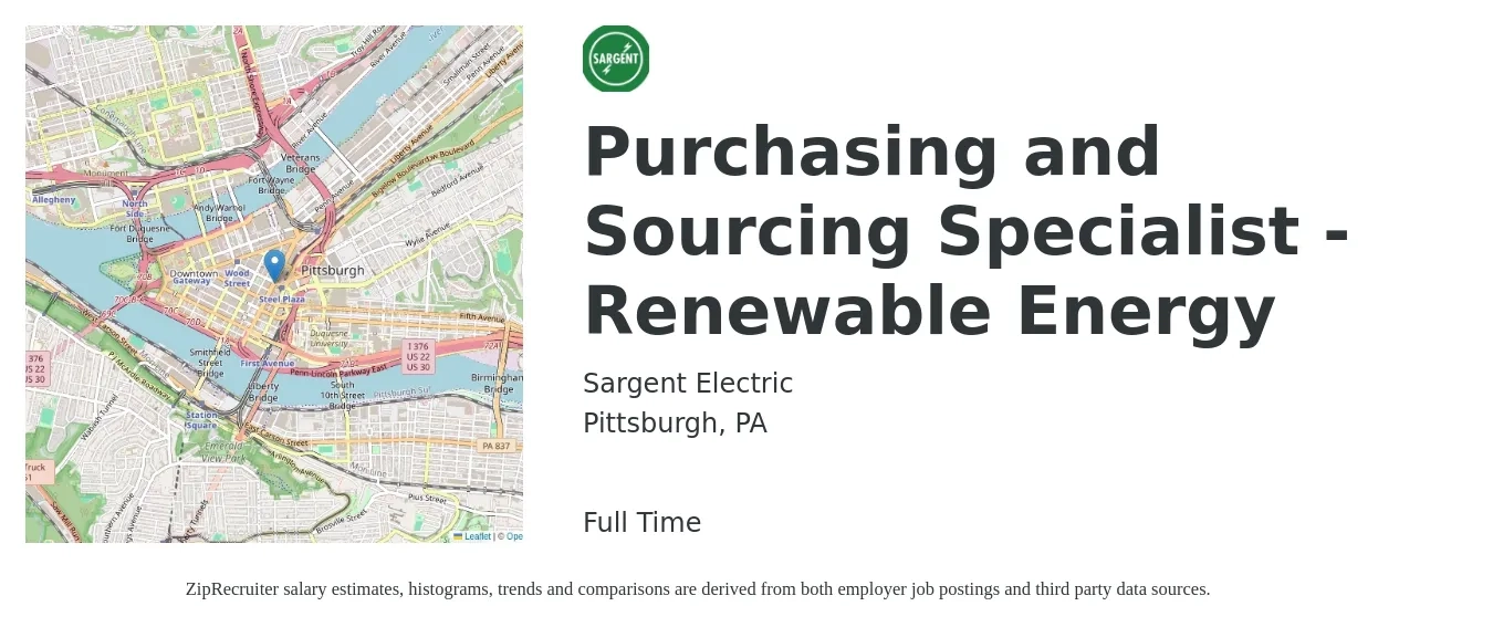 Sargent Electric job posting for a Purchasing and Sourcing Specialist - Renewable Energy in Pittsburgh, PA with a salary of $22 to $31 Hourly with a map of Pittsburgh location.