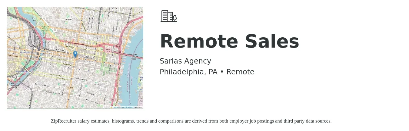 Sarias Agency job posting for a Remote Sales in Philadelphia, PA with a salary of $40,000 Yearly with a map of Philadelphia location.