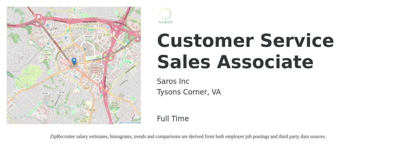 Saros Inc job posting for a Customer Service Sales Associate in Tysons Corner, VA with a salary of $15 to $31 Hourly with a map of Tysons Corner location.