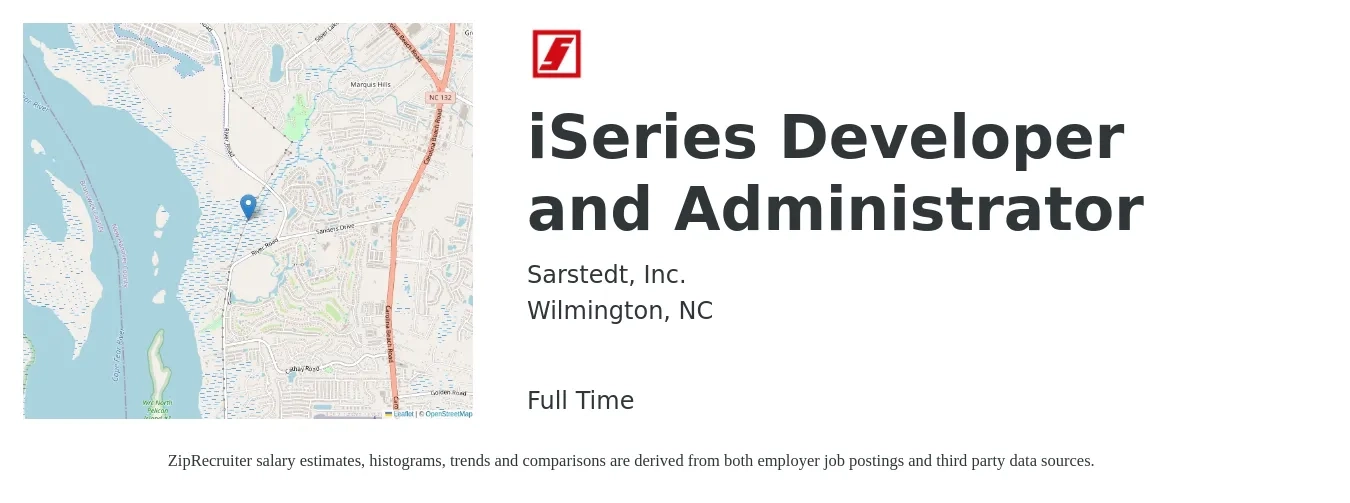Sarstedt, Inc. job posting for a iSeries Developer and Administrator in Wilmington, NC with a salary of $35 to $52 Hourly with a map of Wilmington location.