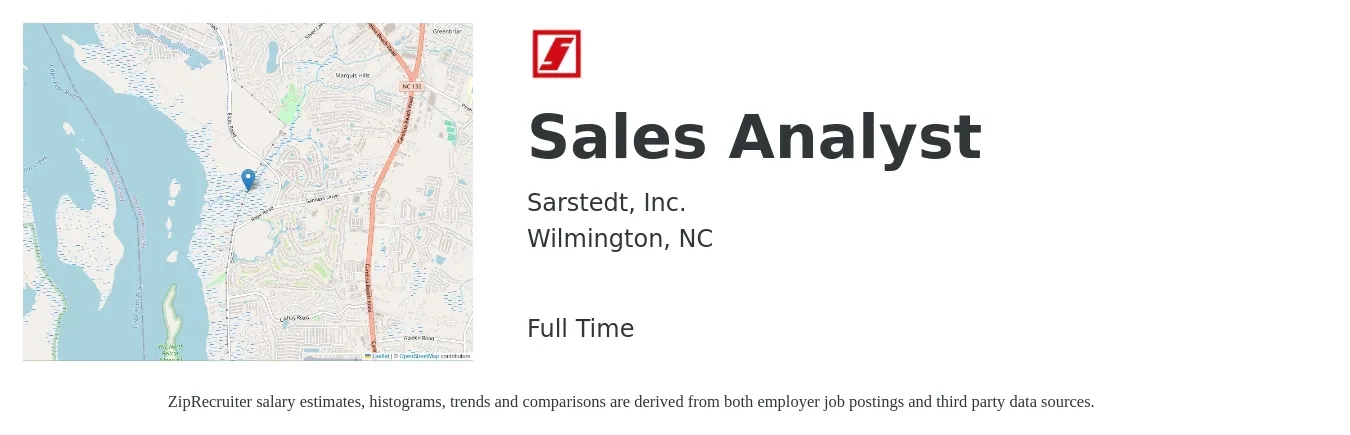 Sarstedt, Inc. job posting for a Sales Analyst in Wilmington, NC with a salary of $50,300 to $74,000 Yearly with a map of Wilmington location.