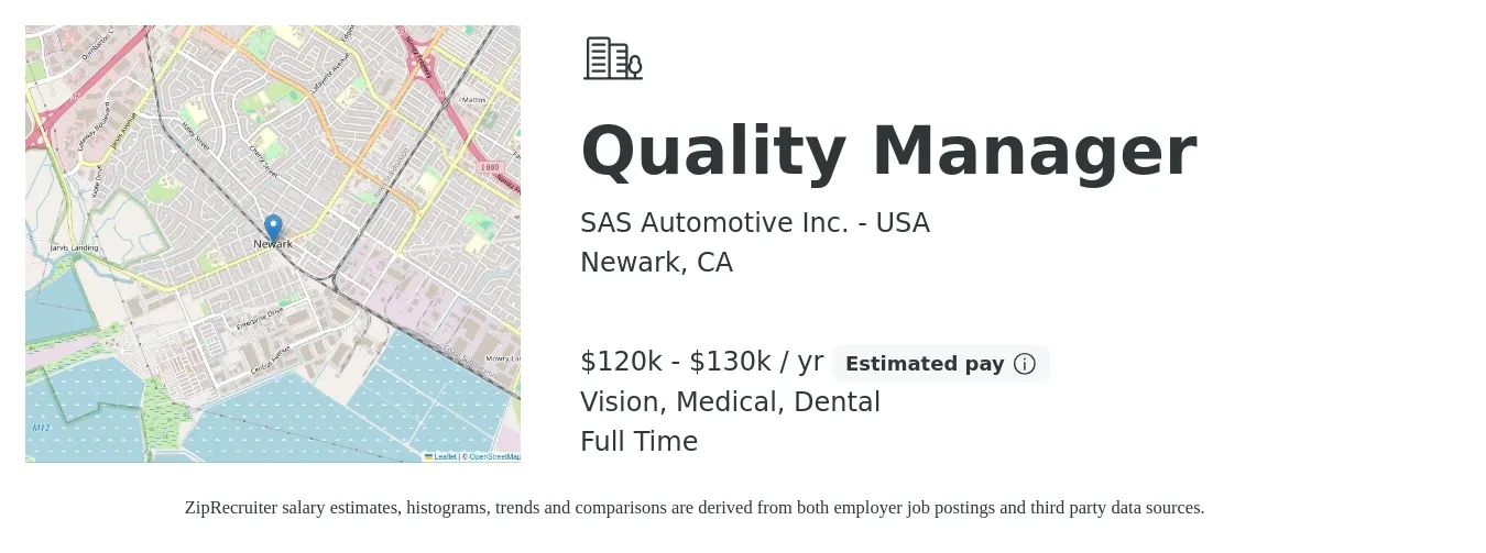 SAS Automotive Inc. - USA job posting for a Quality Manager in Newark, CA with a salary of $120,000 to $130,000 Yearly and benefits including medical, pto, retirement, vision, dental, and life_insurance with a map of Newark location.