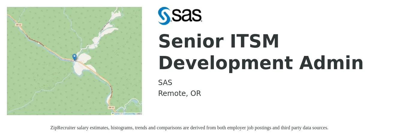 SAS job posting for a Senior ITSM Development Admin in Remote, OR with a salary of $54 to $74 Hourly with a map of Remote location.