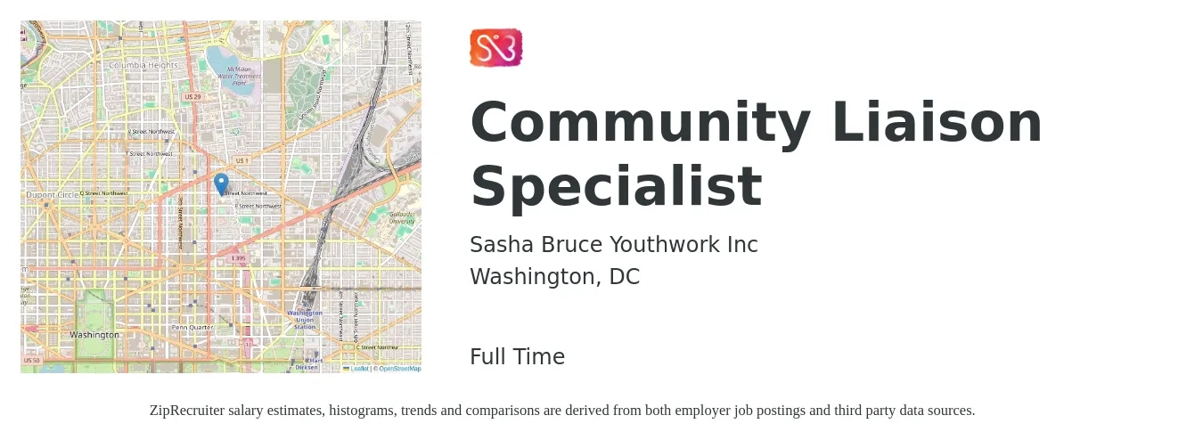 Sasha Bruce Youthwork Inc job posting for a Community Liaison Specialist in Washington, DC with a salary of $20 to $32 Hourly with a map of Washington location.