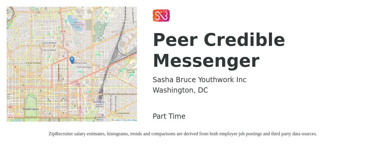 Sasha Bruce Youthwork Inc job posting for a Peer Credible Messenger in Washington, DC with a salary of $18 to $26 Hourly with a map of Washington location.