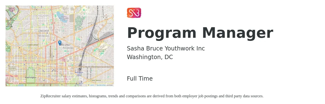 Sasha Bruce Youthwork Inc job posting for a Program Manager in Washington, DC with a salary of $87,900 to $146,500 Yearly with a map of Washington location.