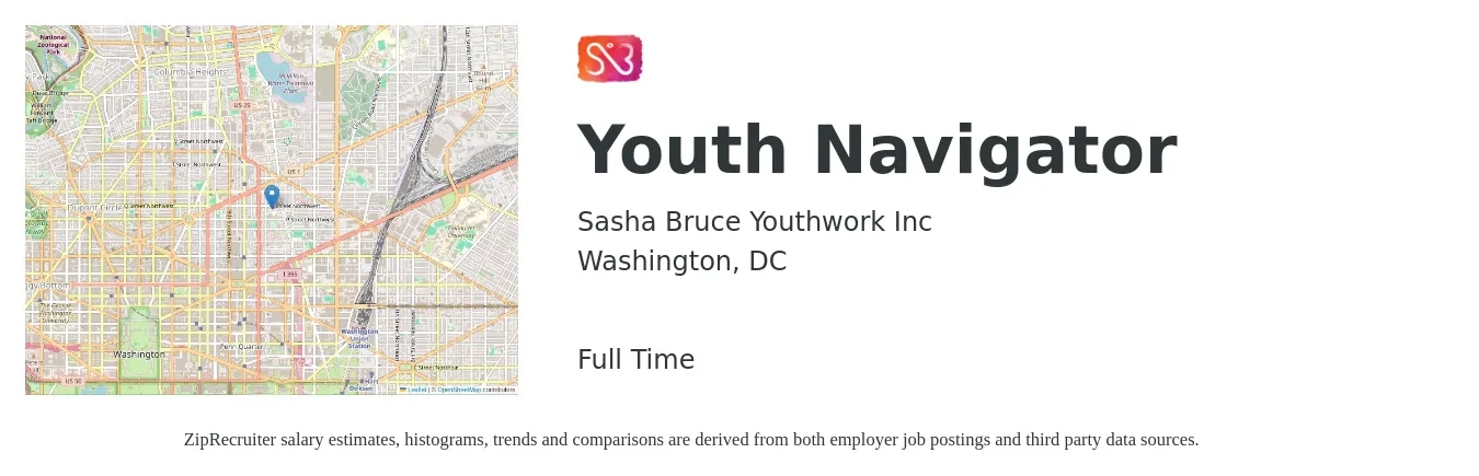 Sasha Bruce Youthwork Inc job posting for a Youth Navigator in Washington, DC with a salary of $22 to $30 Hourly with a map of Washington location.