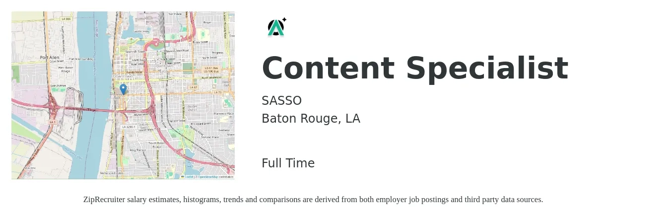 SASSO job posting for a Content Specialist in Baton Rouge, LA with a salary of $18 to $29 Hourly with a map of Baton Rouge location.