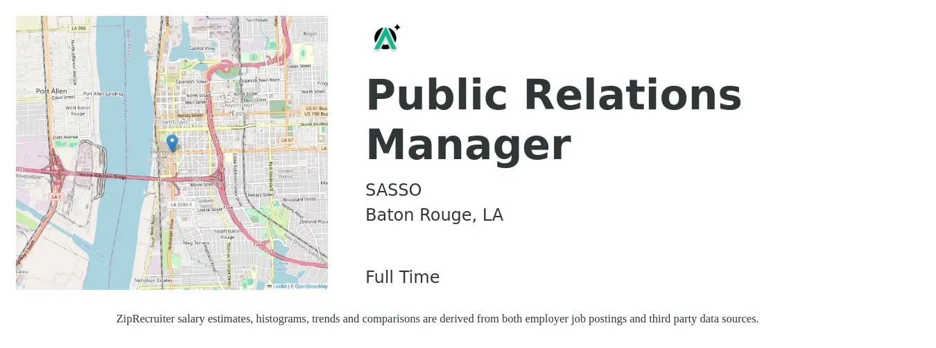 SASSO job posting for a Public Relations Manager in Baton Rouge, LA with a salary of $51,000 to $76,500 Yearly with a map of Baton Rouge location.