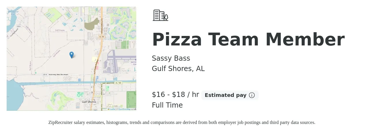 Sassy Bass job posting for a Pizza Team Member in Gulf Shores, AL with a salary of $17 to $19 Hourly with a map of Gulf Shores location.