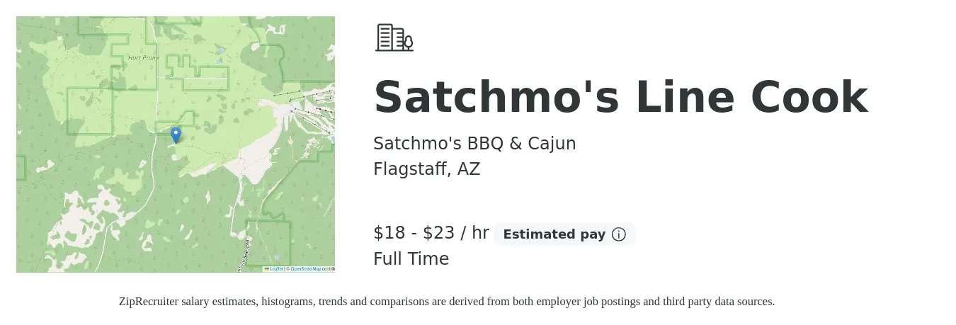 Satchmo's BBQ & Cajun job posting for a Satchmo's Line Cook in Flagstaff, AZ with a salary of $19 to $24 Hourly with a map of Flagstaff location.