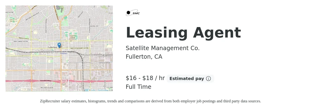 Satellite Management Co. job posting for a Leasing Agent in Fullerton, CA with a salary of $18 to $19 Hourly with a map of Fullerton location.