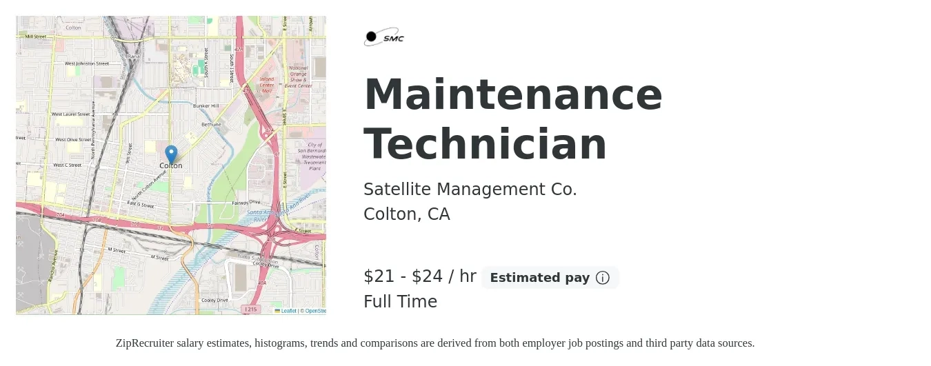 Satellite Management Co. job posting for a Maintenance Technician in Colton, CA with a salary of $22 to $25 Hourly with a map of Colton location.