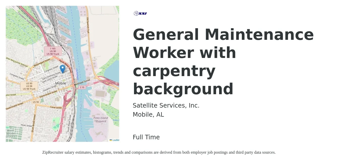 Satellite Services, Inc. job posting for a General Maintenance Worker with carpentry background in Mobile, AL with a salary of $14 to $20 Hourly with a map of Mobile location.