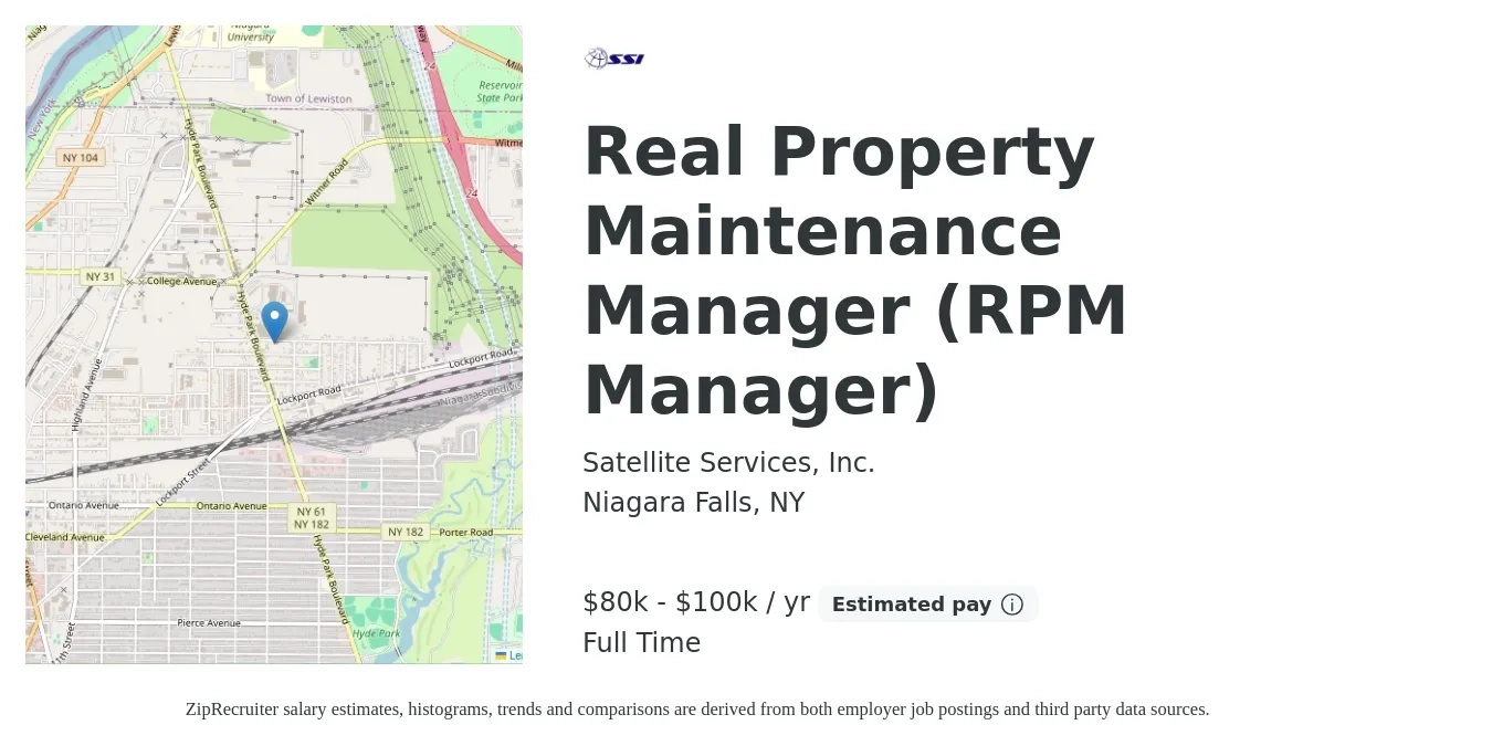 Satellite Services, Inc. job posting for a Real Property Maintenance Manager (RPM Manager) in Niagara Falls, NY with a salary of $80,000 to $100,000 Yearly with a map of Niagara Falls location.