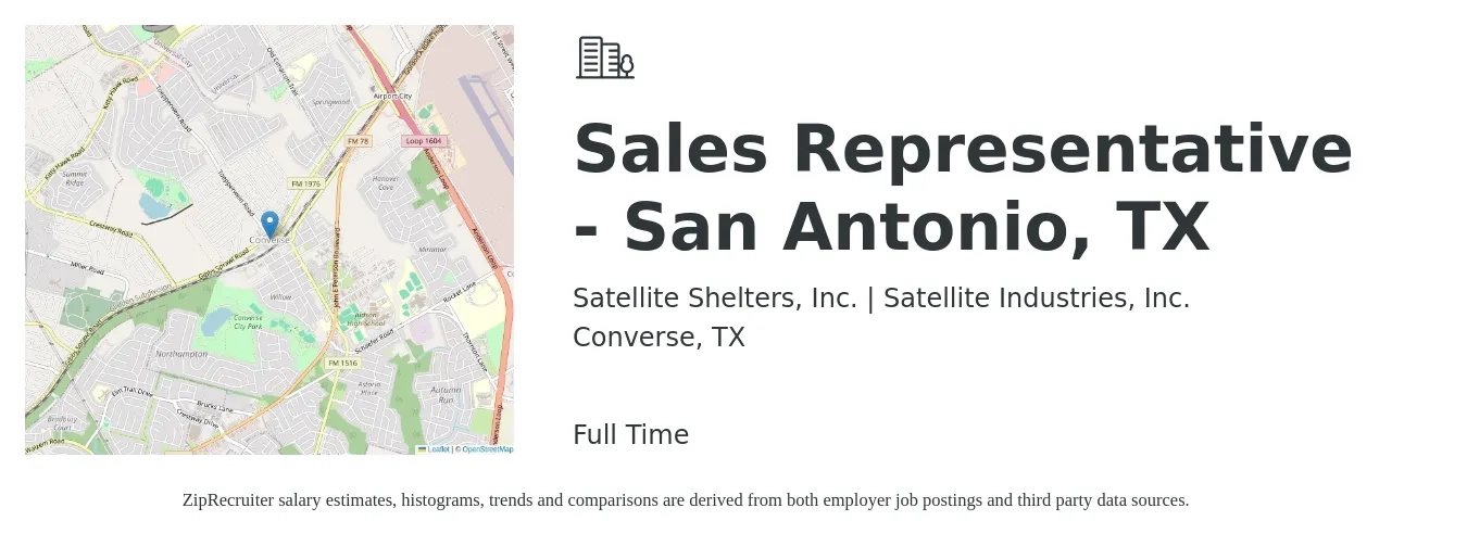 Satellite Shelters, Inc. | Satellite Industries, Inc. job posting for a Sales Representative - San Antonio, TX in Converse, TX with a salary of $48,600 to $84,500 Yearly with a map of Converse location.
