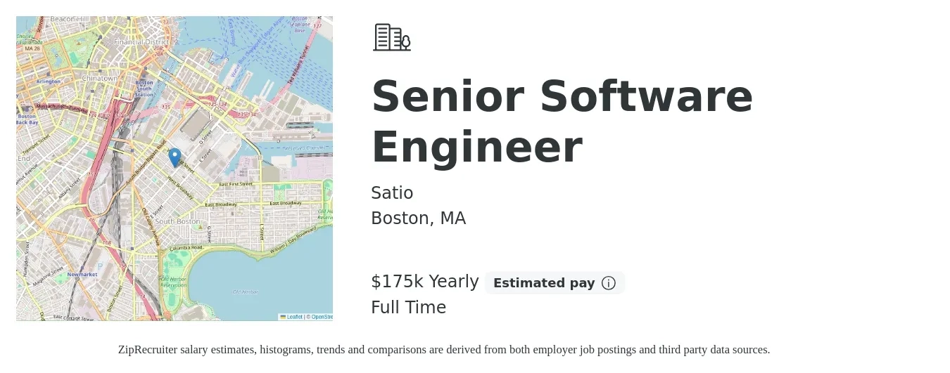 Satio job posting for a Senior Software Engineer in Boston, MA with a salary of $175,000 Yearly with a map of Boston location.