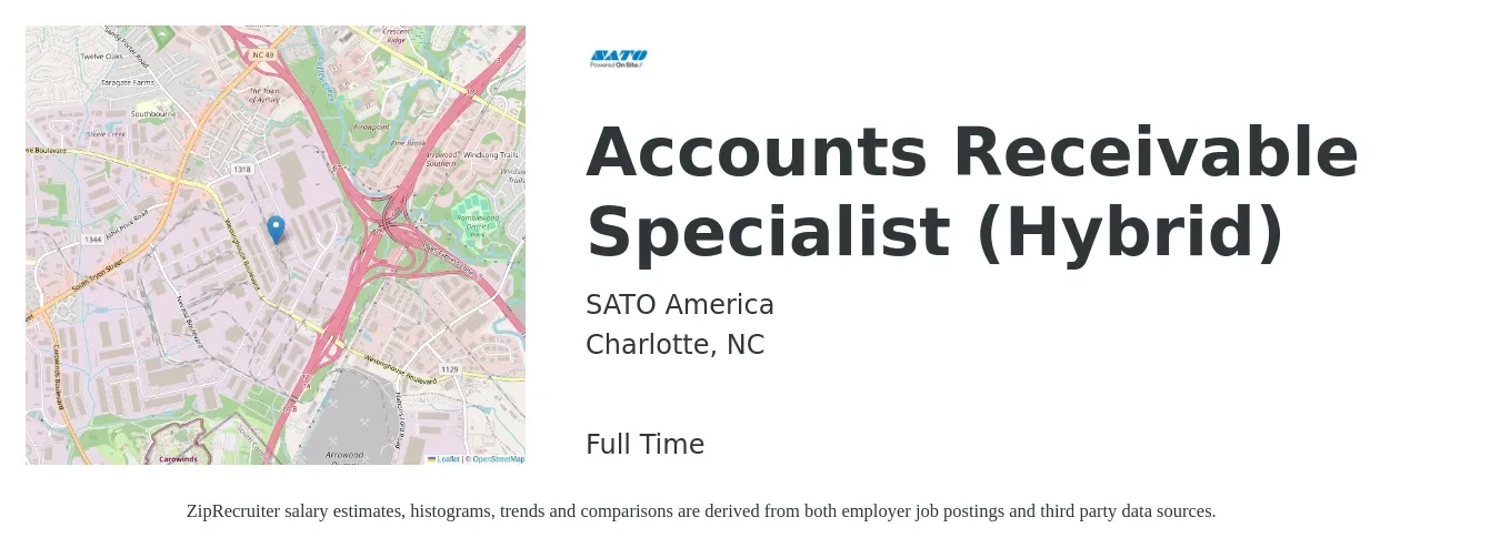 SATO America job posting for a Accounts Receivable Specialist (Hybrid) in Charlotte, NC with a salary of $20 to $26 Hourly with a map of Charlotte location.