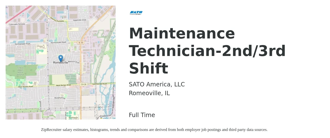 SATO America, LLC job posting for a Maintenance Mechanic-2nd/3rd Shift in Romeoville, IL with a salary of $26 to $33 Hourly with a map of Romeoville location.