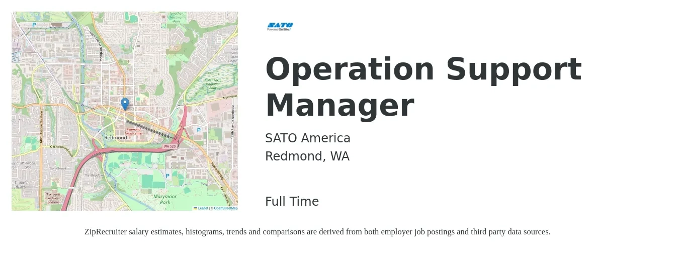 SATO America job posting for a Operation Support Manager in Redmond, WA with a salary of $62,000 to $72,150 Yearly with a map of Redmond location.
