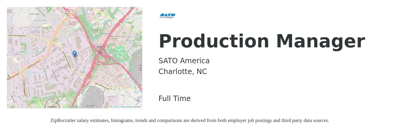 SATO America, LLC job posting for a Production Manager in Charlotte, NC with a salary of $52,700 to $75,700 Yearly with a map of Charlotte location.