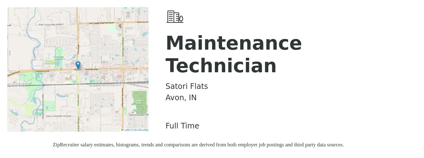 Satori Flats job posting for a Maintenance Technician in Avon, IN with a salary of $18 to $26 Hourly with a map of Avon location.