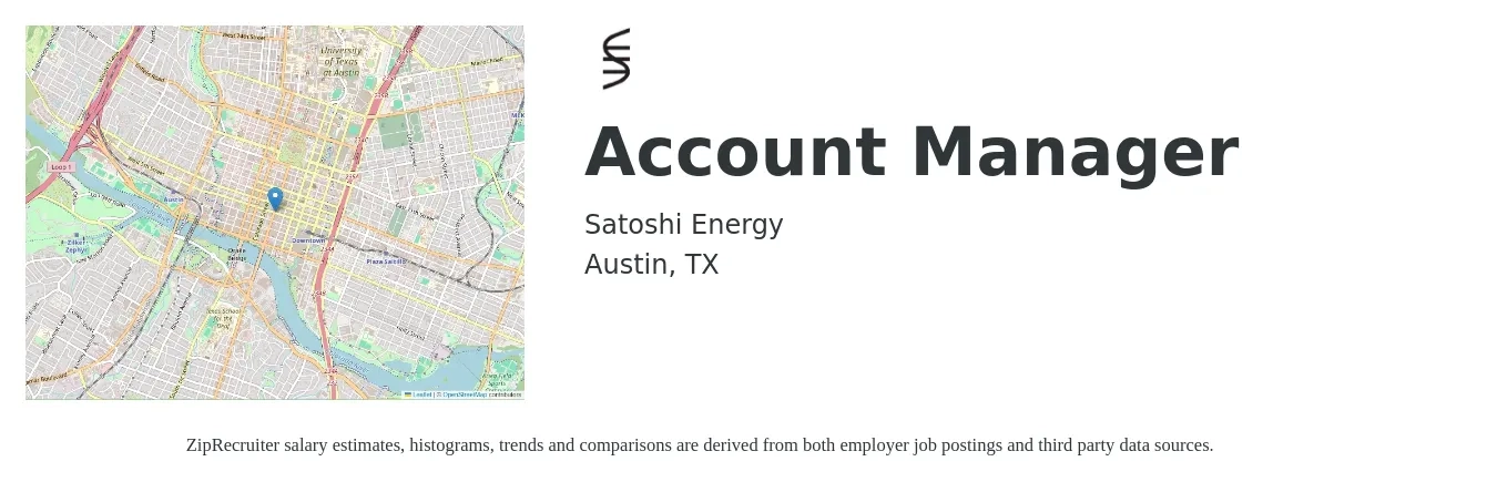 Satoshi Energy job posting for a Account Manager in Austin, TX with a salary of $47,600 to $77,800 Yearly with a map of Austin location.