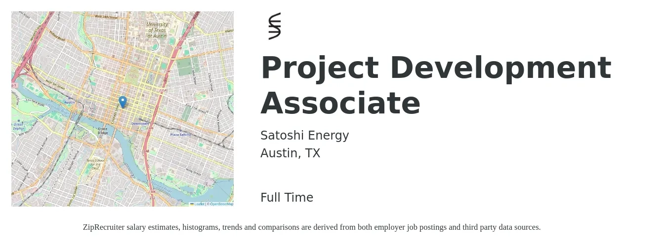 Satoshi Energy job posting for a Project Development Associate in Austin, TX with a salary of $21 to $37 Hourly with a map of Austin location.