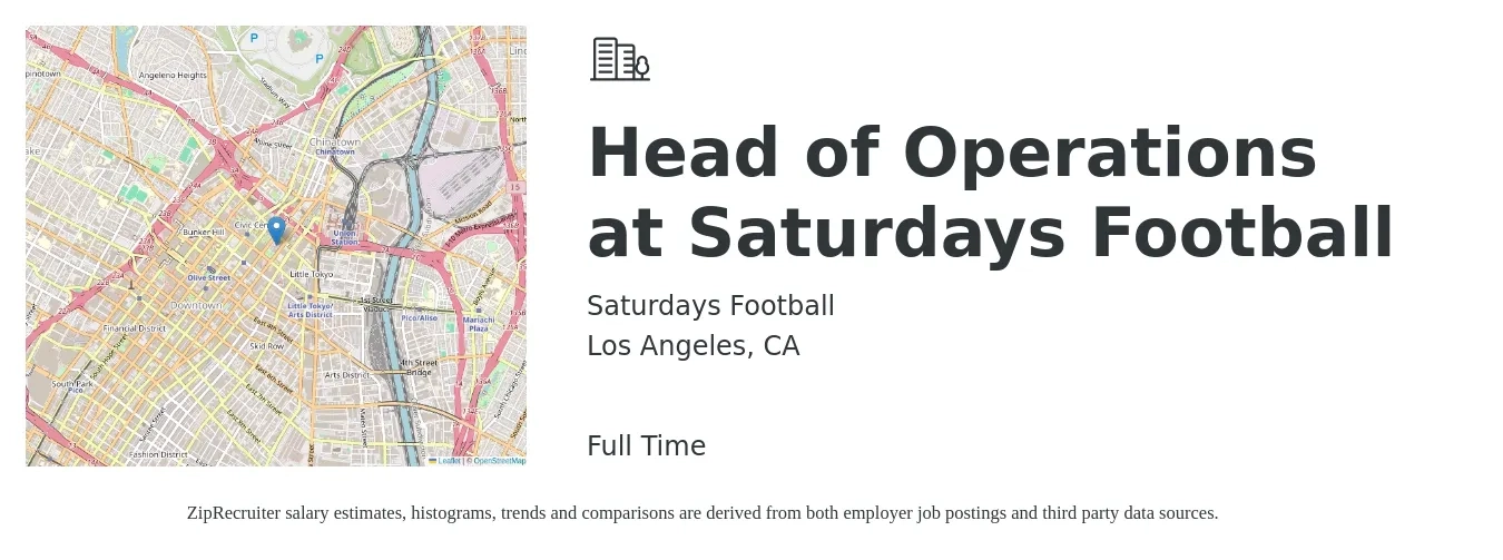 Saturdays Football job posting for a Head of Operations at Saturdays Football in Los Angeles, CA with a salary of $81,400 to $146,000 Yearly with a map of Los Angeles location.