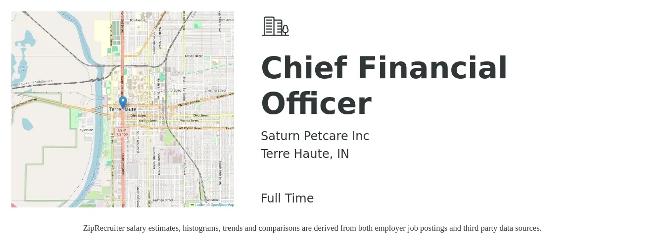 Saturn Petcare Inc job posting for a Chief Financial Officer in Terre Haute, IN with a salary of $134,100 to $380,400 Yearly with a map of Terre Haute location.