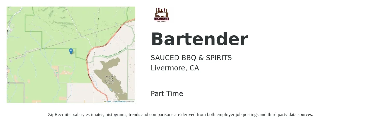 SAUCED BBQ & SPIRITS job posting for a Bartender in Livermore, CA with a salary of $11 to $21 Hourly with a map of Livermore location.