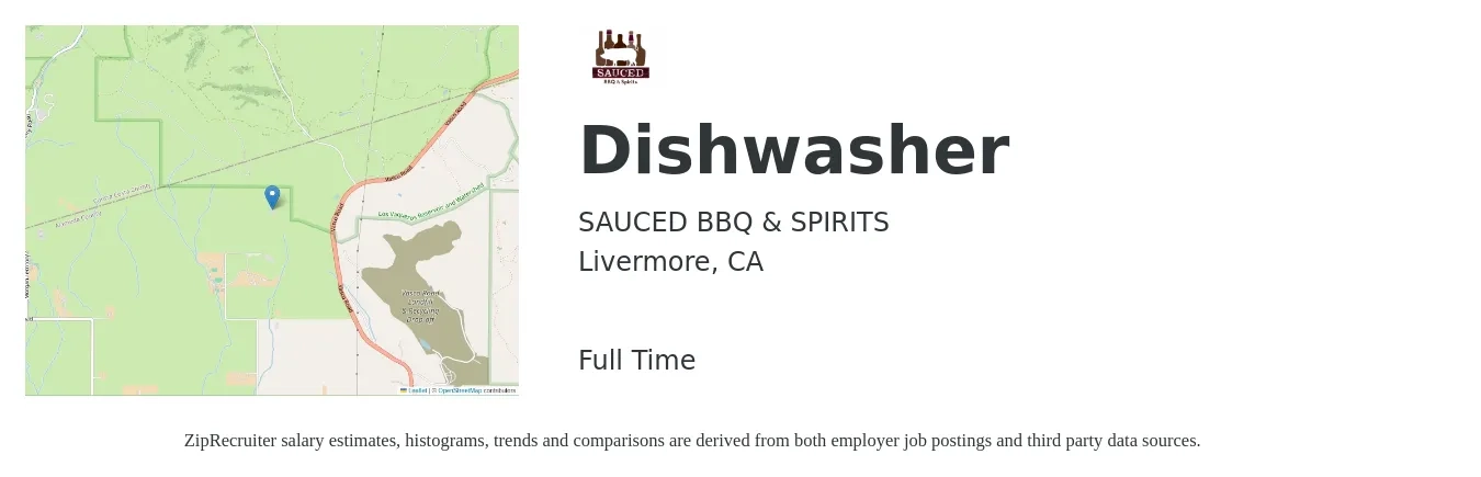 SAUCED BBQ & SPIRITS job posting for a Dishwasher in Livermore, CA with a salary of $15 to $19 Hourly with a map of Livermore location.