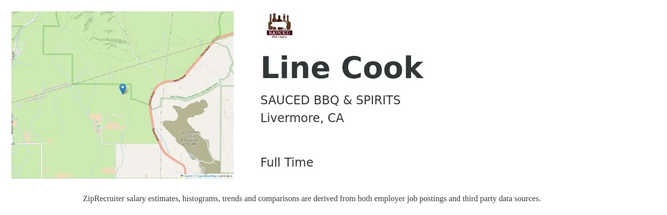SAUCED BBQ & SPIRITS job posting for a Line Cook in Livermore, CA with a salary of $18 to $22 Hourly with a map of Livermore location.