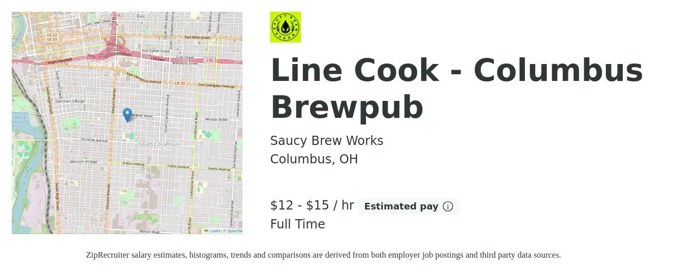 Saucy Brew Works job posting for a Line Cook - Columbus Brewpub in Columbus, OH with a salary of $13 to $16 Hourly with a map of Columbus location.