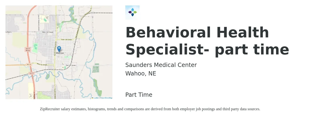 Saunders Medical Center job posting for a Behavioral Health Specialist- part time in Wahoo, NE with a salary of $20 to $33 Hourly with a map of Wahoo location.