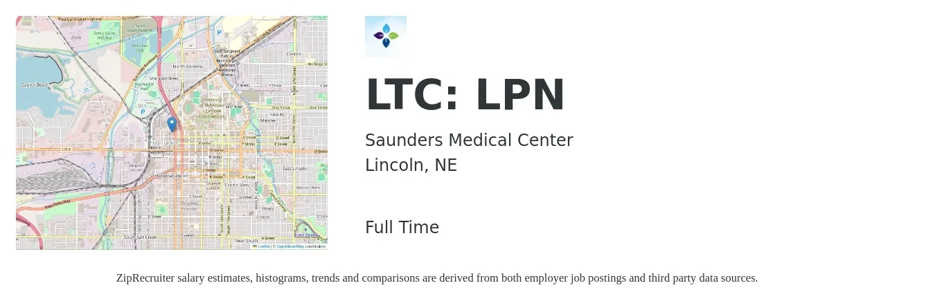Saunders Medical Center job posting for a LTC: LPN in Lincoln, NE with a salary of $22 to $30 Hourly with a map of Lincoln location.