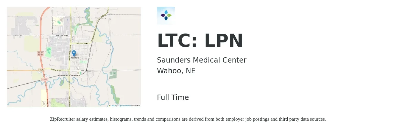 Saunders Medical Center job posting for a LTC: LPN in Wahoo, NE with a salary of $25 to $34 Hourly with a map of Wahoo location.