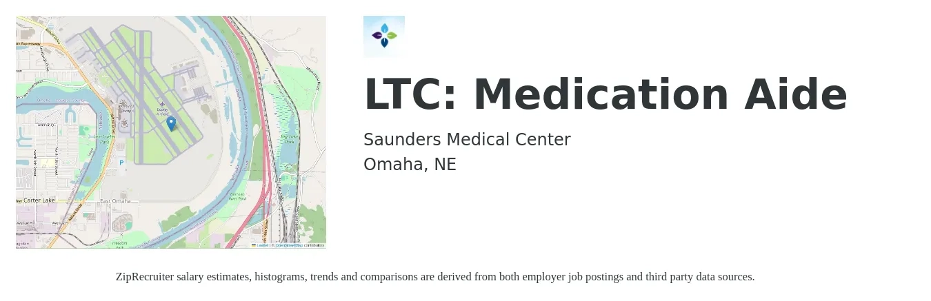 Saunders Medical Center job posting for a LTC: Medication Aide in Omaha, NE with a salary of $15 to $19 Hourly with a map of Omaha location.