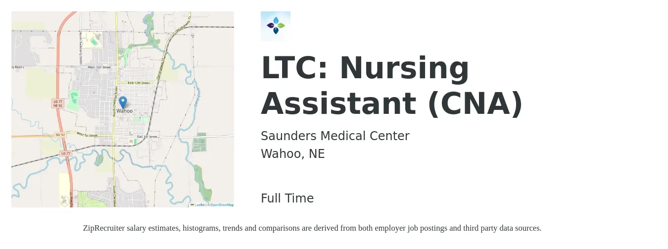 Saunders Medical Center job posting for a LTC: Nursing Assistant (CNA) in Wahoo, NE with a salary of $16 to $22 Hourly with a map of Wahoo location.